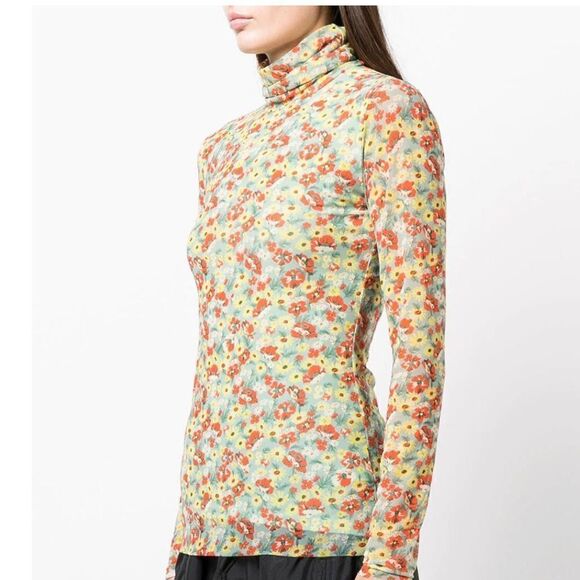 GANNI Mesh Floral Long Sleeve Turtleneck Shirt Women’s Size 34 - Picture 1 of 7